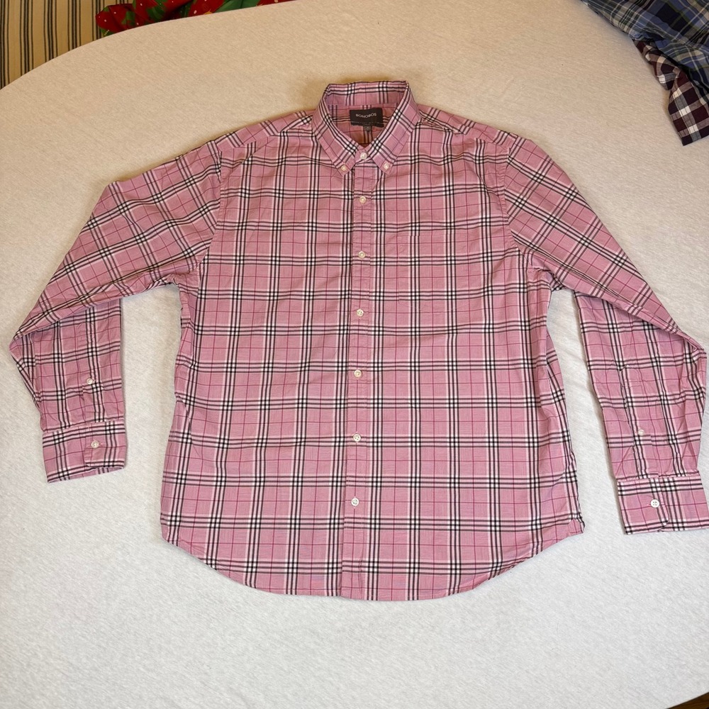 BONOBOS Mens XL Standard Fit Pink Plaid Button Down Shirt Long Sleeve‎ Cotton